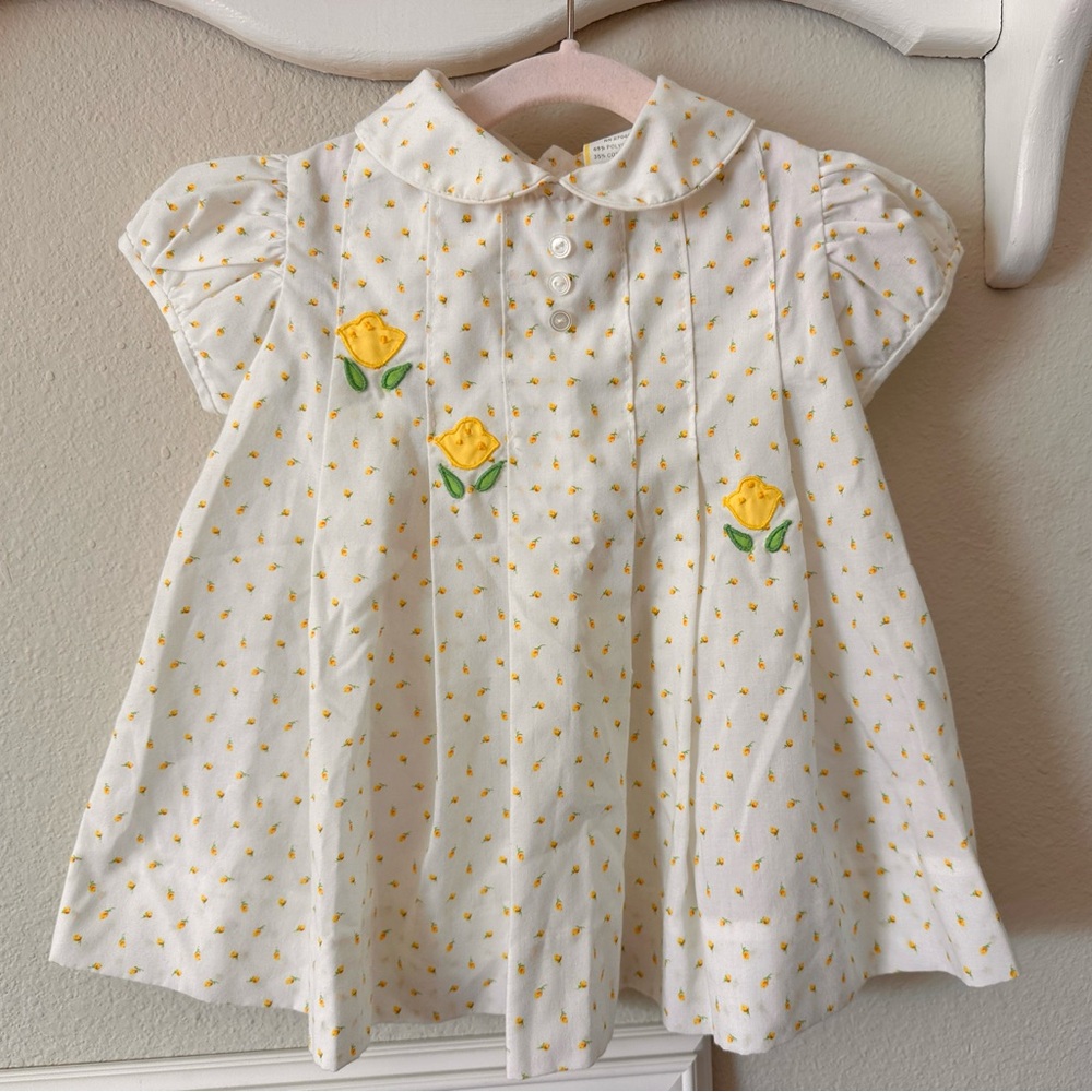 Vintage Yellow & Ivory Easter Spring Floral Dress. 6-9 months